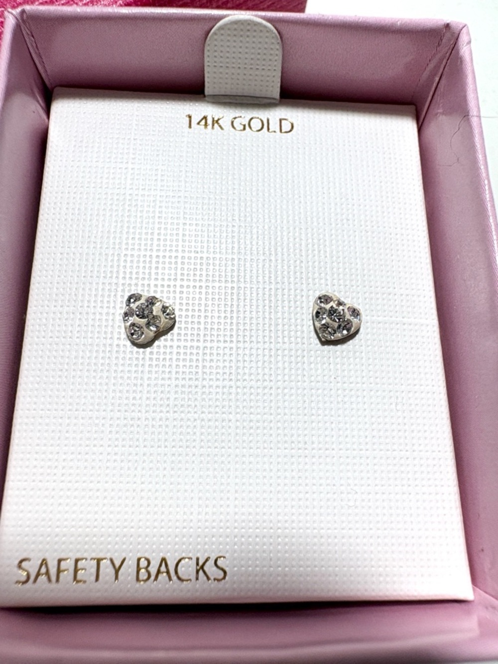 14K Gold Kids Heart Stud Earrings with Crystals - White Gold